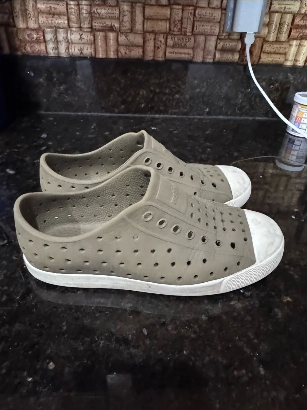 Native kids Jefferson Slip-On Shoes in Olive Green with White Toe